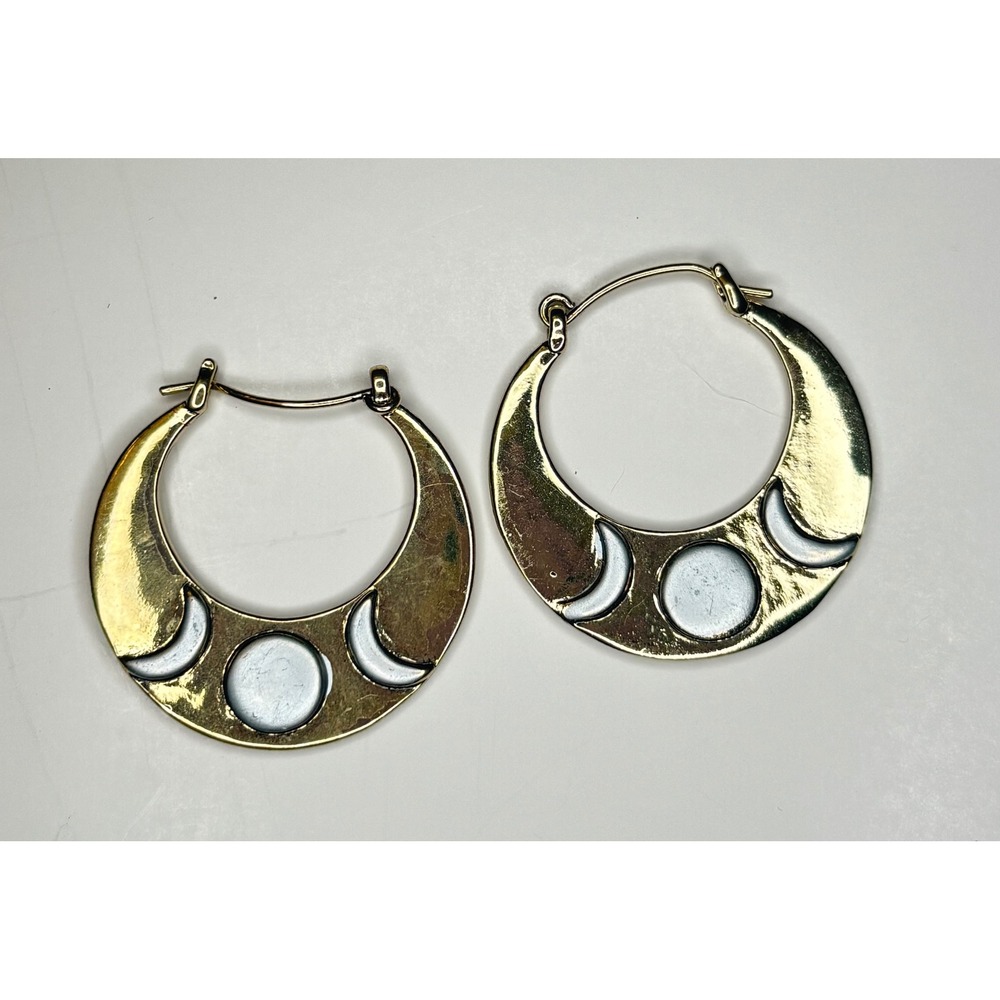 Vintage Triple Moon Brass Silver Mixed Metal Celestial Hoop Earrings Goddess